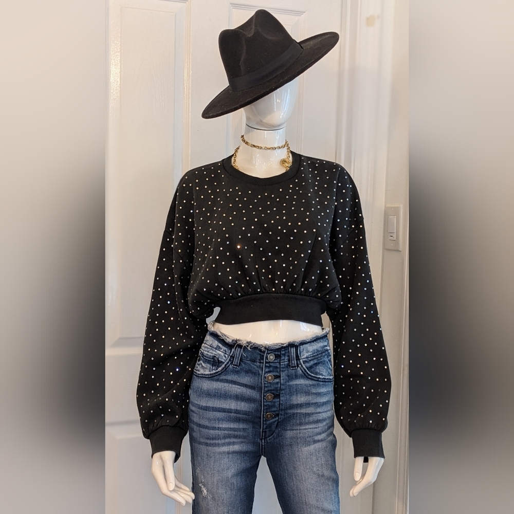 Zara  Cropped Black Washed Rhinestones Sweatshirt Medium